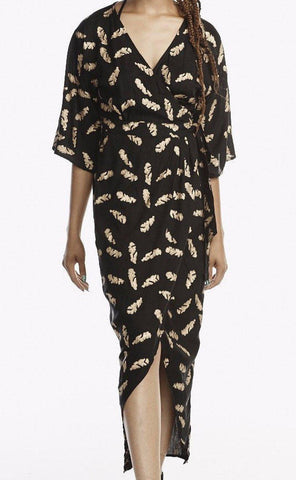Peacock Feather Wrap Dress in Navy + Gold