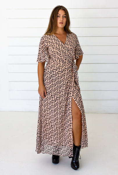 Leopard Maxi Wrap Dress in Blush + Black – SymbologyClothing