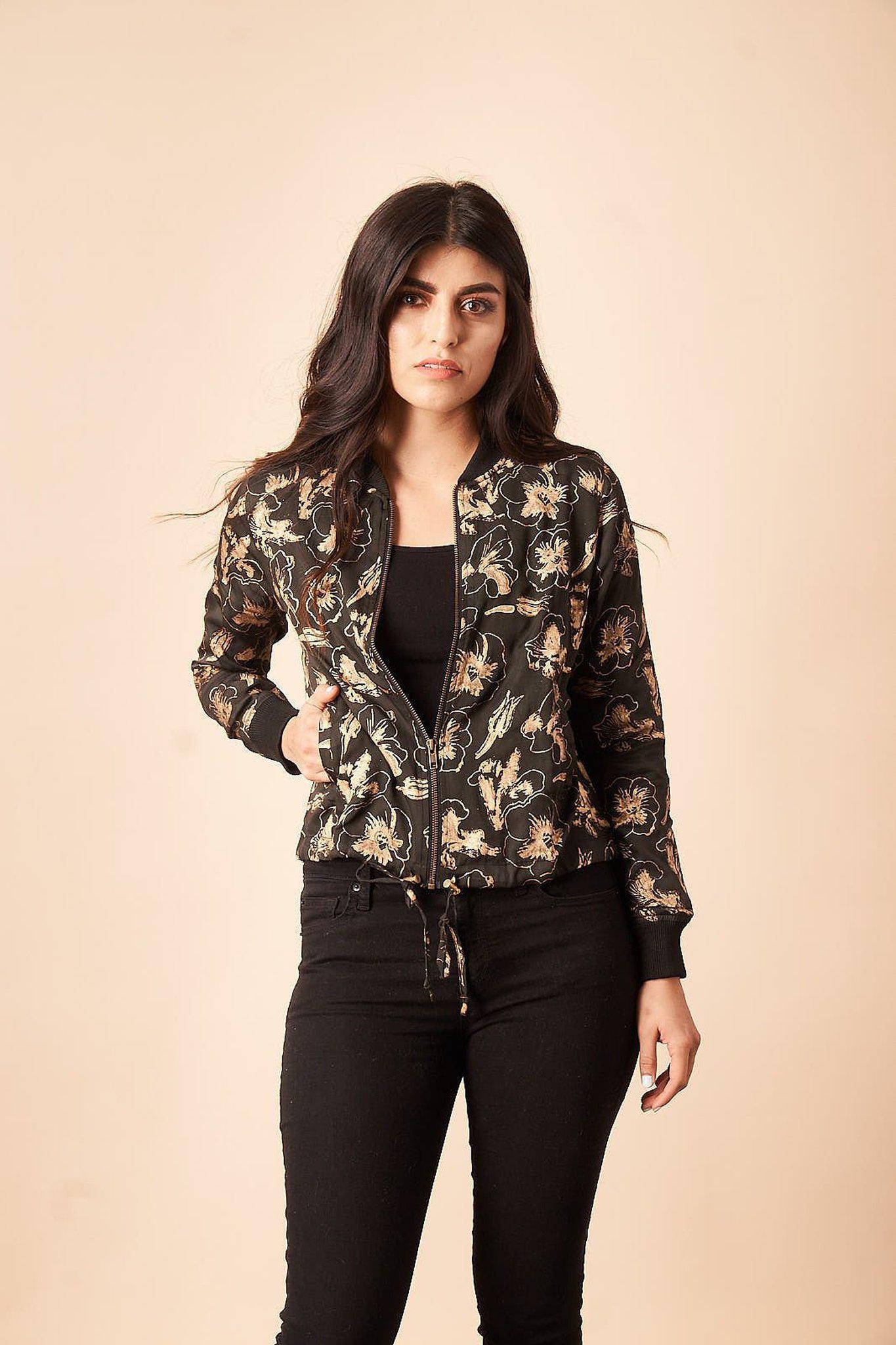 Hibiscus Flower Bomber Jacket in Black + Gold – SymbologyClothing