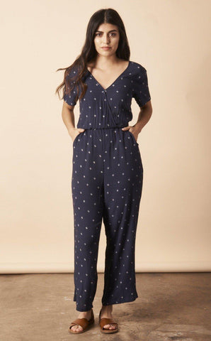 Stylized Feather Strappy Jumpsuit in Navy + Cream