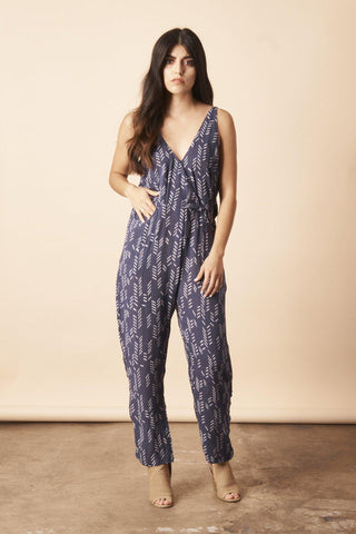 Stylized Feather Sleeveless Jumpsuit in Black + Cream