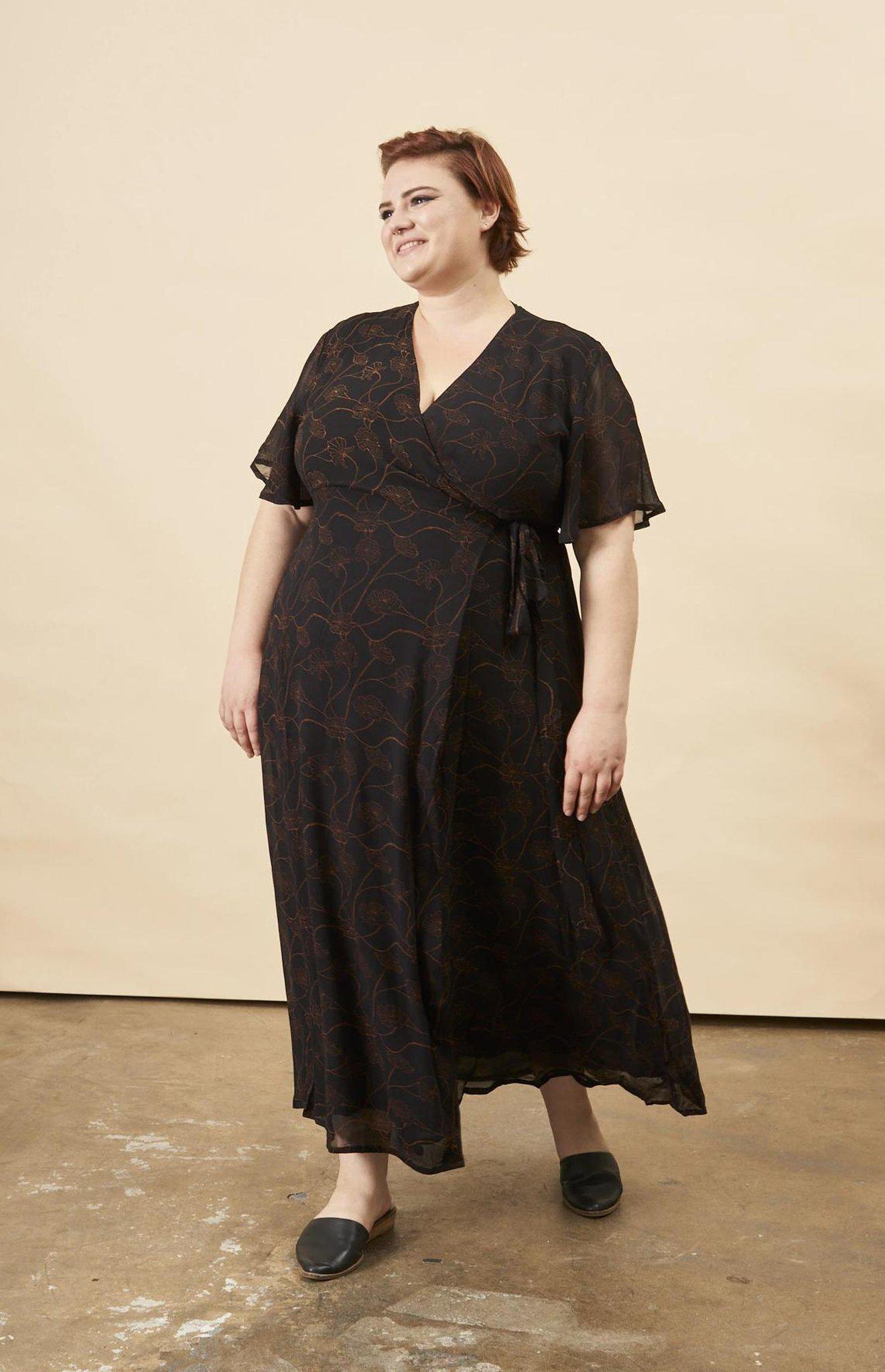 butterfly sleeve maxi dress Poppy Flower Butterfly Sleeve Maxi Dress in Black + Copper
