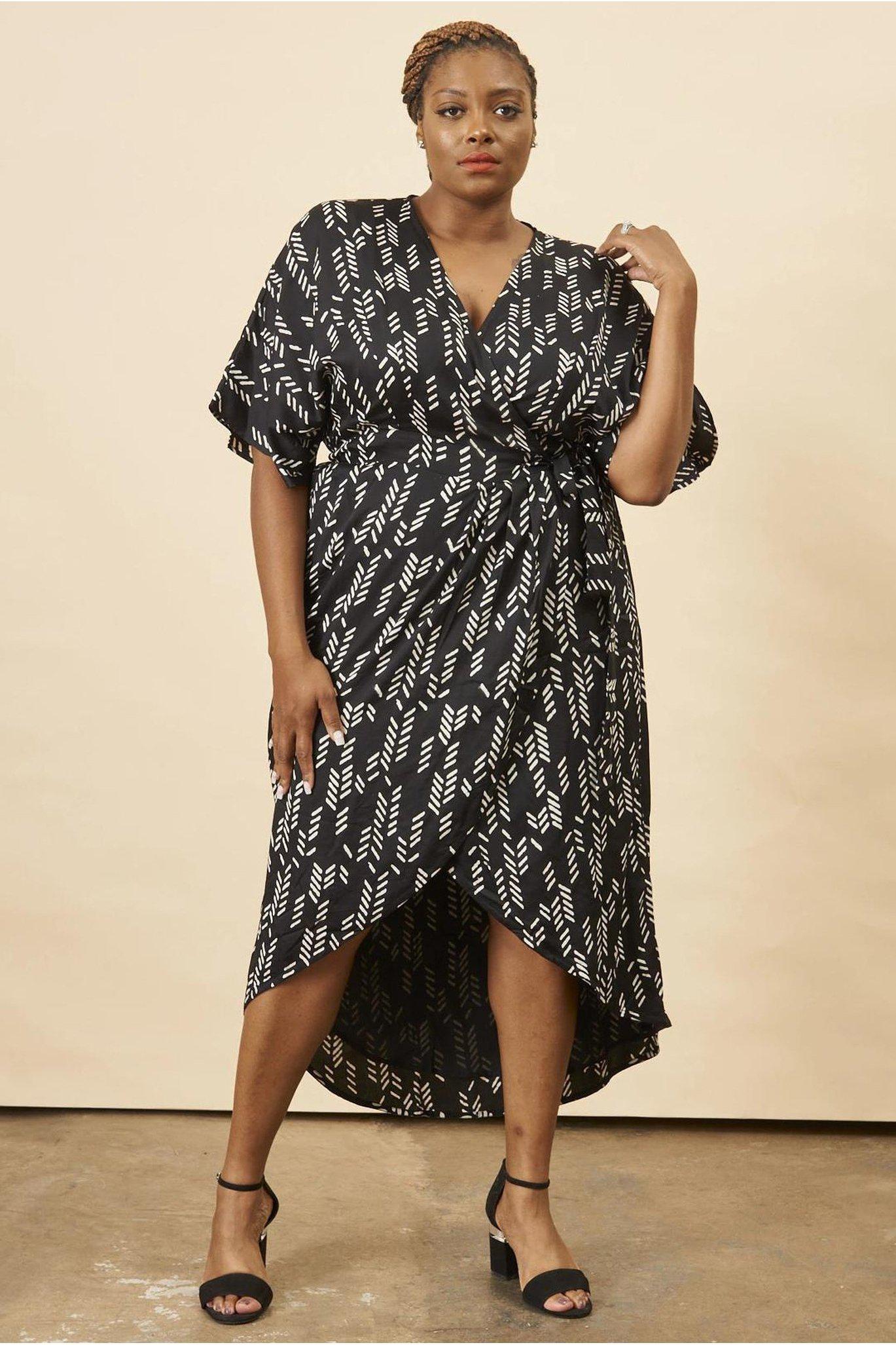 Stylized Feather Wrap Dress in Black + Cream – SymbologyClothing