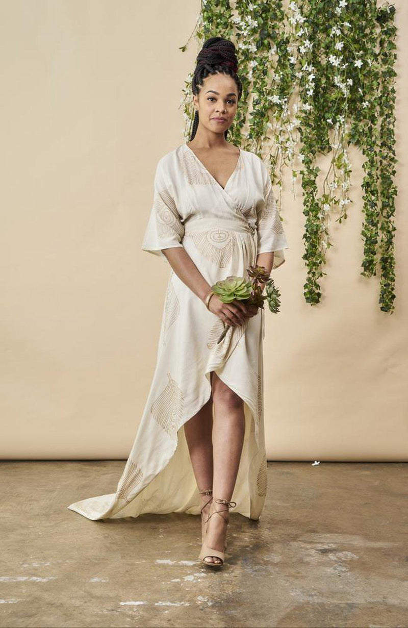 Peacock Feather Maxi Wrap Dress W/ Train in Cream + Gold SymbologyClothing Peacock Feather Maxi Wrap Dress W/ Train in Cream + Gold SymbologyClothing