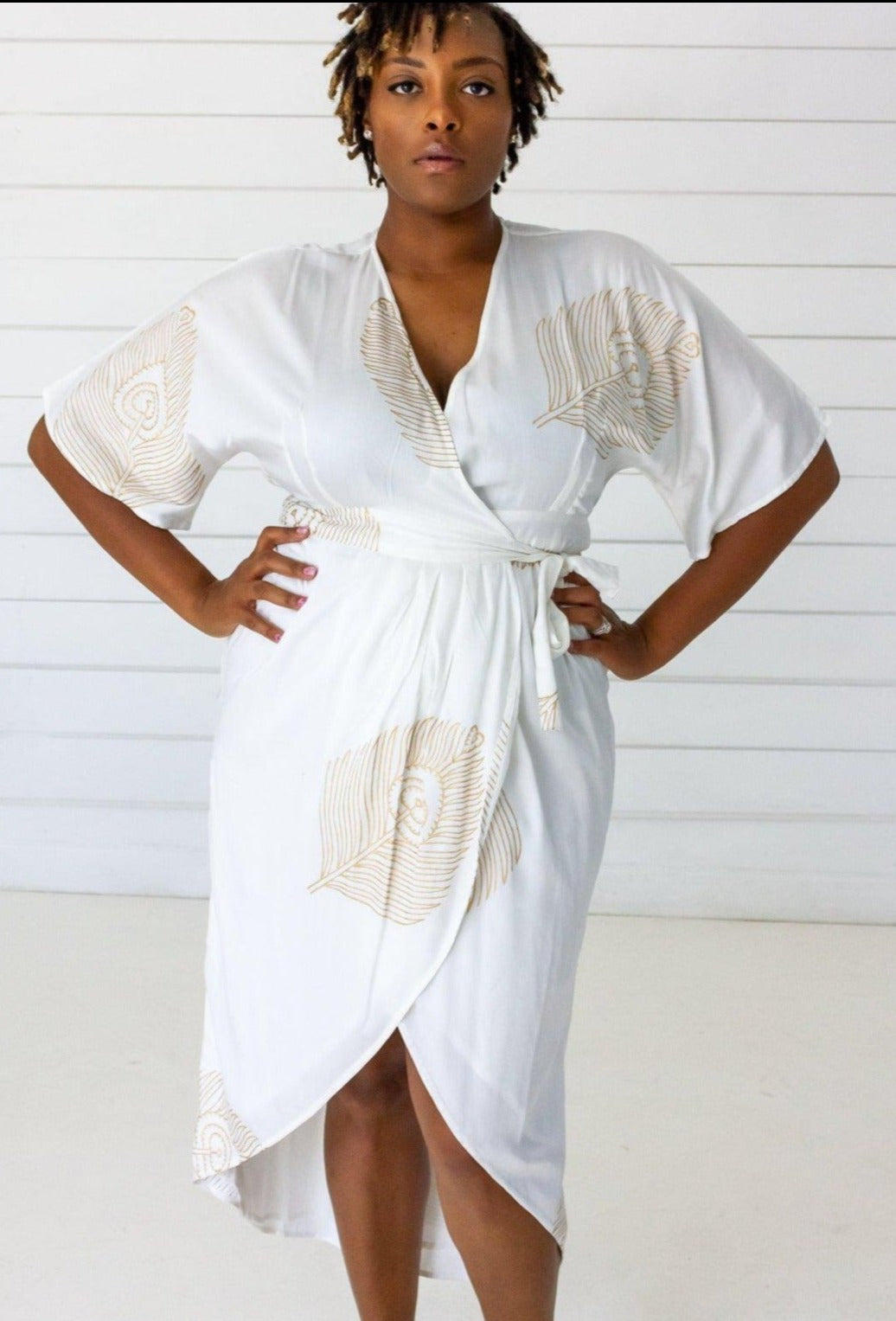 Peacock Maxi Wrap Dress in White + Gold SymbologyClothing Peacock Maxi Wrap Dress in White + Gold SymbologyClothing