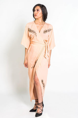 Beaded Peacock Feather Maxi Wrap in Blush