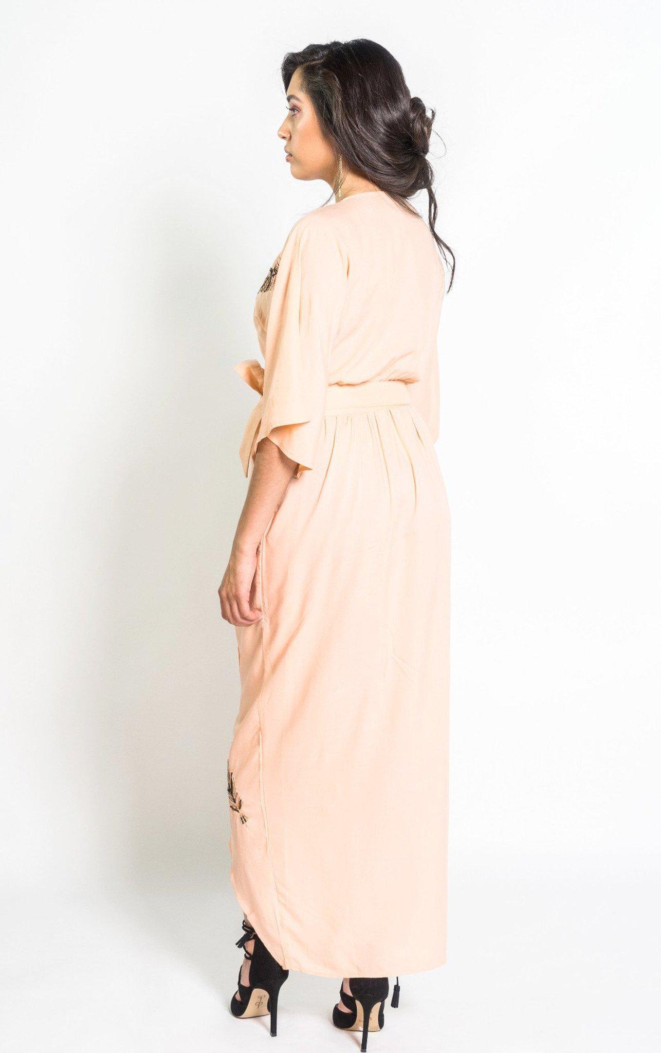 Beaded Peacock Feather Maxi Wrap in Blush  SymbologyClothing