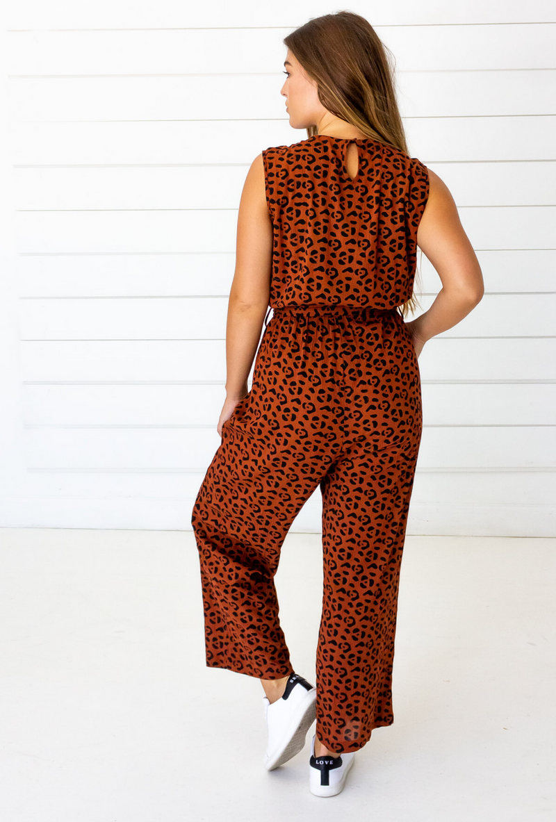 Leopard Sleeveless Jumpsuit in Sienna + Black