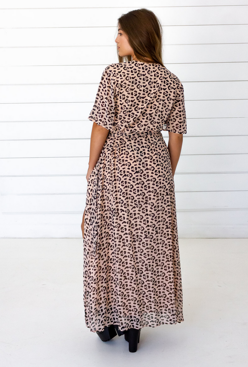 Leopard Maxi Wrap Dress in Blush + Black SymbologyClothing Leopard Maxi Wrap Dress in Blush + Black SymbologyClothing