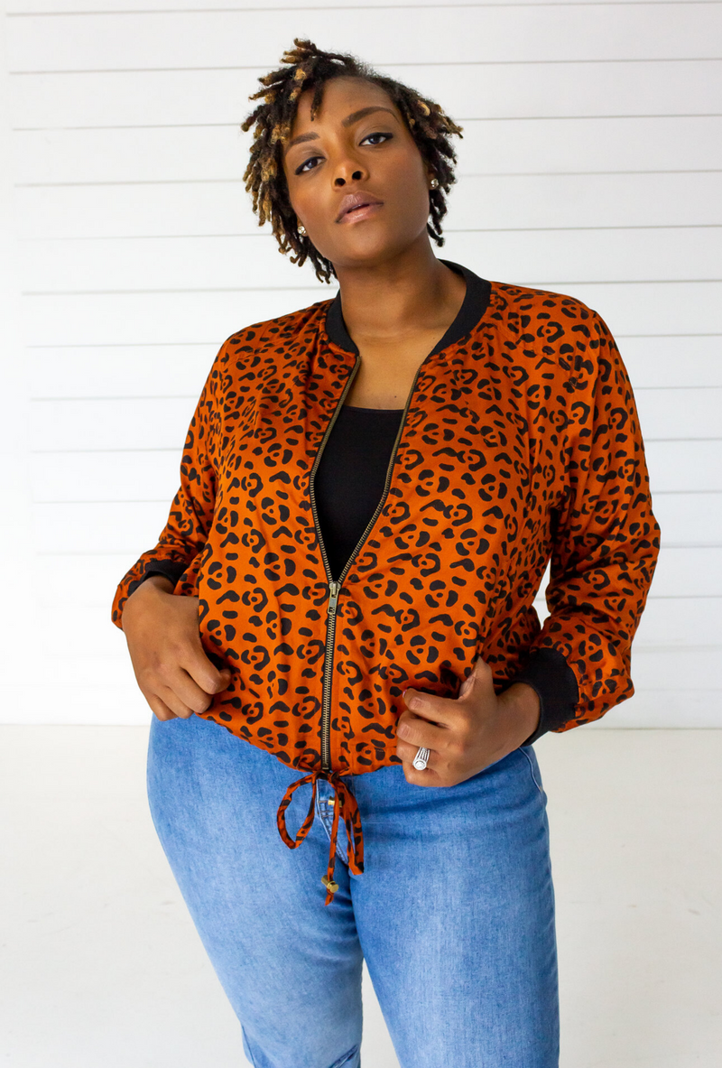 Leopard Bomber in Sienna Black SymbologyClothing