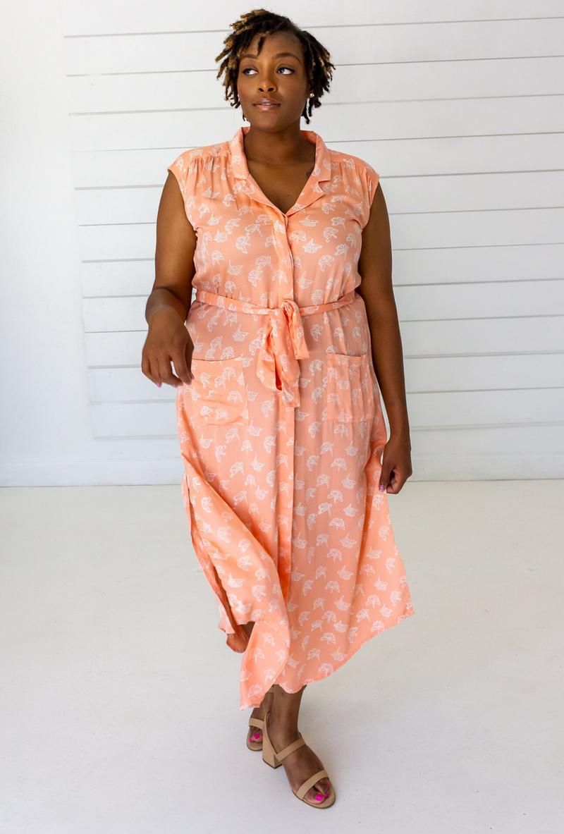 Ginkgo Leaf Shirtdress in Peach + Cream