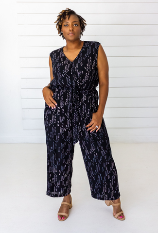Baby Cacti Cropped Jumpsuit in Navy + Cream