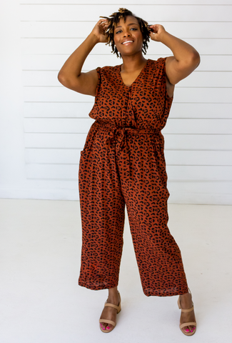 Silky Strappy Jumpsuit in Berry & Black Sketched Plaid
