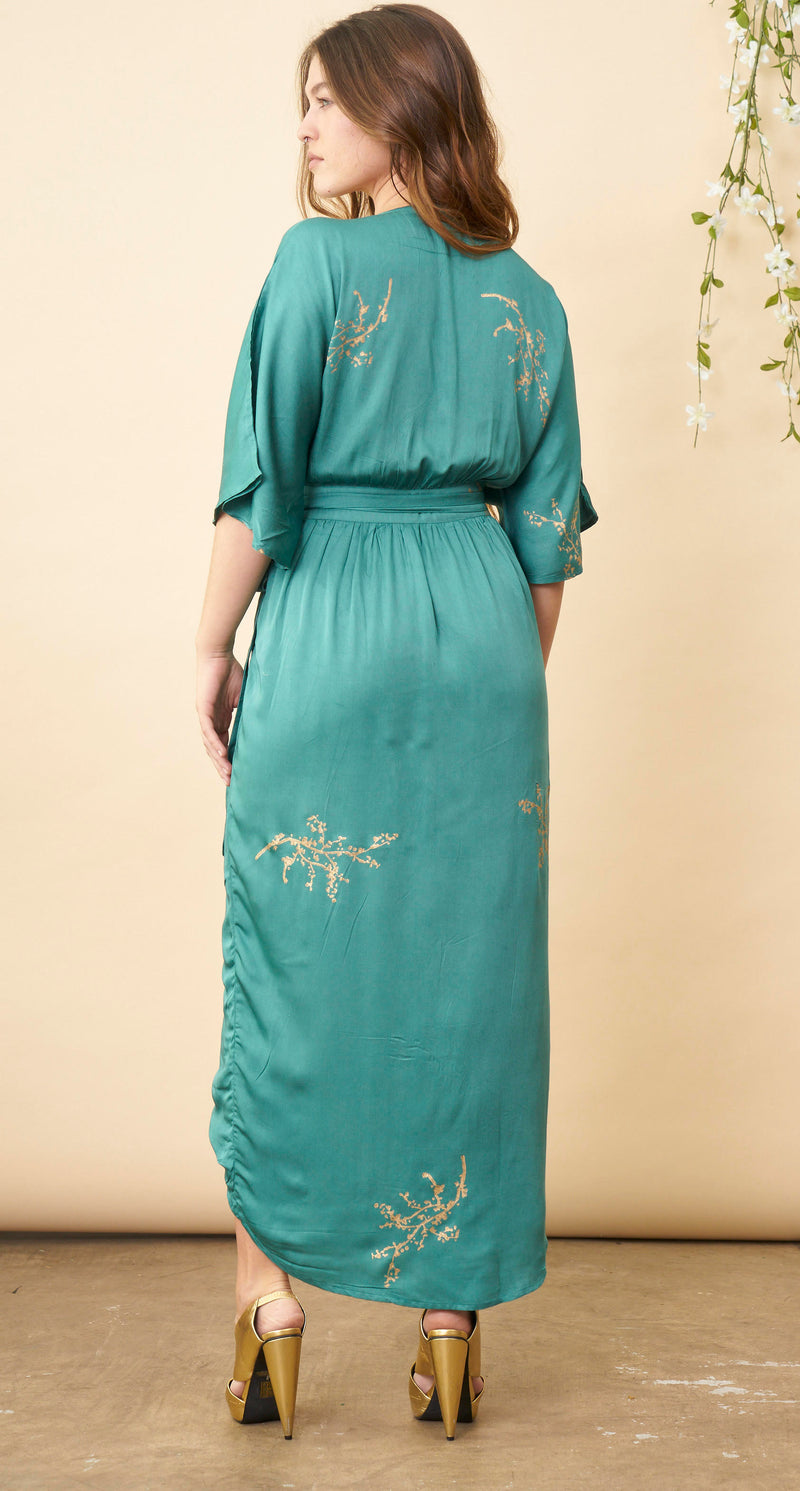 Cherry Blossom Maxi Wrap Dress in Emerald + Gold