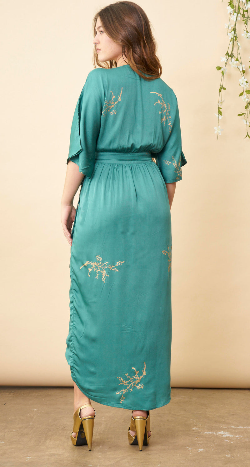 Cherry Blossom Maxi Wrap Dress in Emerald + Gold SymbologyClothing Cherry Blossom Maxi Wrap Dress in Emerald + Gold SymbologyClothing