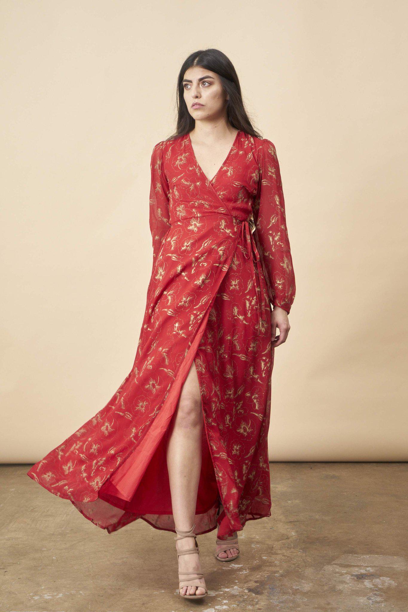 Hibiscus Empress Wrap Dress Red Lipstick + Gold – SymbologyClothing