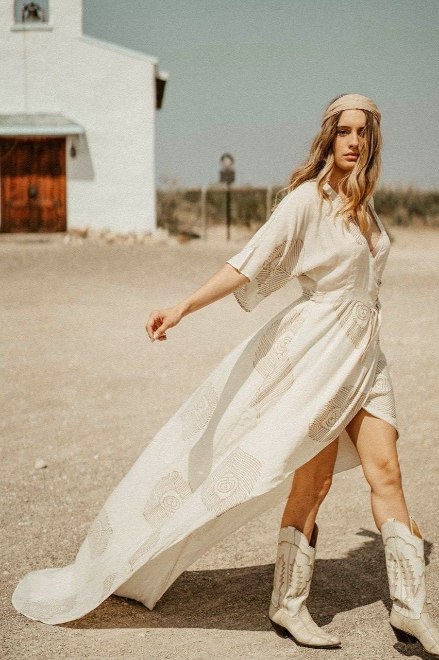 Peacock Feather Maxi Wrap Dress W/ Train in Cream + Gold – SymbologyClothing